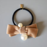 Velvet Ribbon Beige Pearl Hair Pony