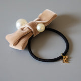 Velvet Ribbon Beige Pearl Hair Pony