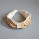 Beige Velour Turban Headband Gold Studs