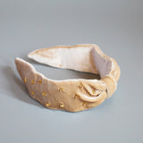 Beige Velour Turban Headband Gold Studs
