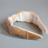 Beige Velour Turban Headband Gold Studs