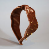 Brown Velour Turban Headband Gold Studs