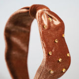 Brown Velour Turban Headband Gold Studs