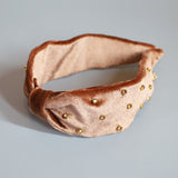 Brown Velour Turban Headband Gold Studs