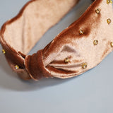 Brown Velour Turban Headband Gold Studs