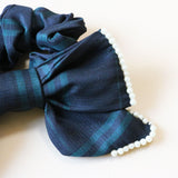 Black Green Ribbon Pearl Scrunchie