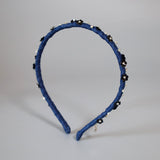 Narrow Headband Blue Denim Black Flower