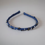 Narrow Headband Blue Denim Black Flower