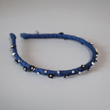 Narrow Headband Blue Denim Black Flower