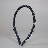Narrow Headband Indigo Denim Black Flower