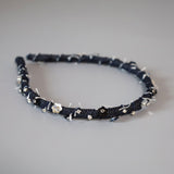 Narrow Headband Indigo Denim Black Flower