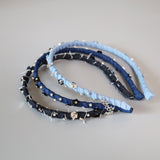Narrow Headband Blue Denim Black Flower