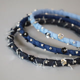 Narrow Headband Blue Denim Black Flower