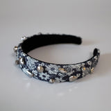 Thin Headband Flower Denim Silver Studs