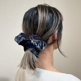 Grey Navy Velour Scrunchie
