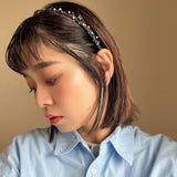 Narrow Headband Indigo Denim Black Flower