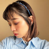 Narrow Headband Blue Denim Black Flower
