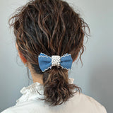 Denim Ribbon Pearl Hair Pony