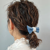 Denim Ribbon Pearl Hair Pony