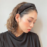 Black Velour Turban Headband Gold Studs