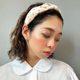 Beige Velour Turban Headband Gold Studs